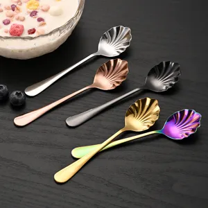 Stainless steel shell spoon set, elegant dessert and cake spoon for home kitchen and dining table.