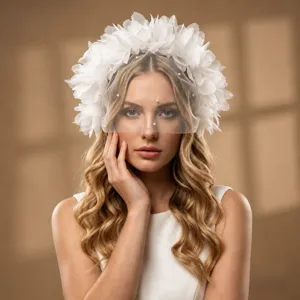 Close-up detail of white floral bridal veil with delicate pearl accents and soft mesh design.