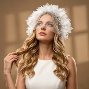 Exquisite white floral bridal veil detail shot, elegant soft mesh face cover hair accessory.