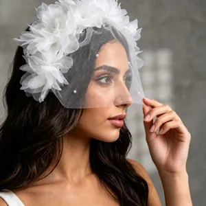 White Bridal Mesh Face Veil Floral Tulle Wedding Hair Accessory Elegant Headwear For Women Veil Party Jewelry Decoration