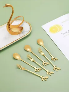 Gold Stainless Steel Dessert Spoons Fruit Forks Set with Swan Storage Holder Stand