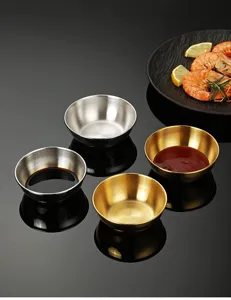 Stainless steel dipping bowls set, small gold and silver sauce dishes for kitchen, detail view.