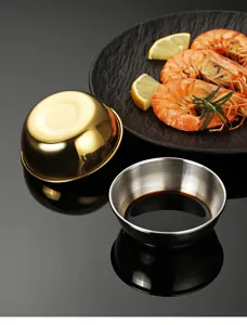 Detail view showing the Korean style 304 stainless steel dipping bowl for soy sauce.