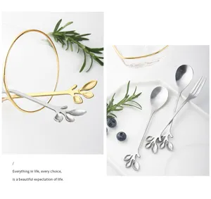 Stainless steel leaf spoon and fork set, cute coffee stirring dessert fruit cutlery.