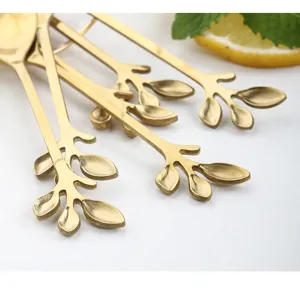 Gold stainless steel leaf spoon set, creative branch shape coffee stirring and dessert spoon.