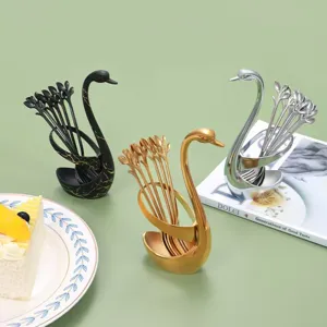 Stainless Steel Dessert Spoon Coffee Spoon Fruit Fork Swan Holder Set Mirror Polishing Creative Flatware Tableware