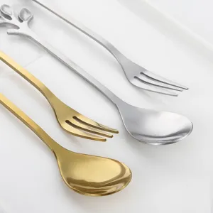 Stainless steel leaf shape coffee spoon dessert fork set, elegant kitchen cutlery and tableware.