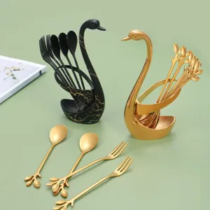Swan tableware holder set with stainless steel dessert spoons and fruit forks for kitchen.