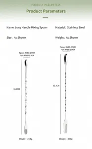 Stainless steel long handle bar spoon detail view showing dimensions and weights for cocktail mixing.