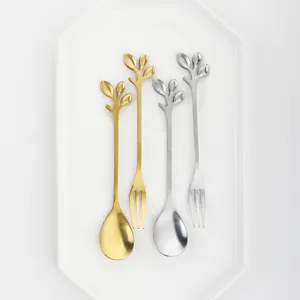 Stainless Steel Leaf Spoon And Fork Golden Coffee Stirring Spoon Dessert Fruit Fork Elegant Tableware Kitchen Accessories