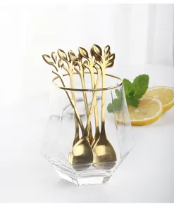 Stainless steel gold leaf coffee spoon set with crystal glass cup for elegant dessert table.