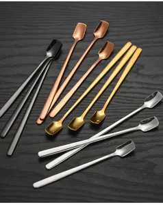 Stainless steel long handle square head spoon set, ideal for coffee, dessert, tea, and stirring.