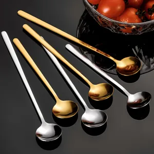 Stainless steel round spoon, long handle coffee honey mixing spoon for kitchen and gifts.