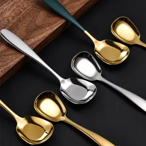 Stainless steel flat bottom spoon set, creative tableware, golden and silver dining spoons.