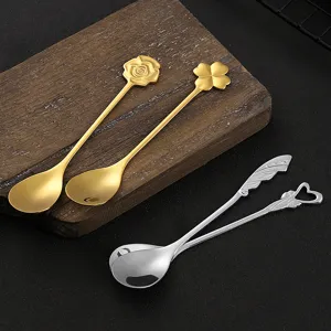 Stainless steel coffee spoon creative rose clover dessert stirring spoon set for kitchen and home use.