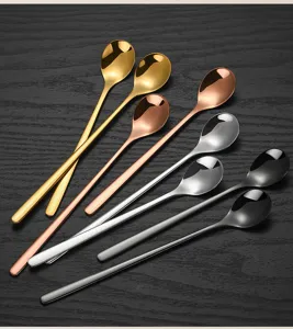 Stainless steel long handle dessert spoon set, multi-color coffee stirring spoon detail.