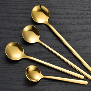 Gold mini short round stainless steel spoon set for coffee, dessert, honey, and ice cream.