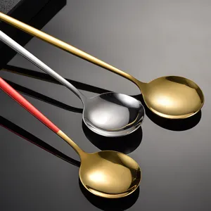 Stainless steel long handle soup spoons set, elegant dinnerware cutlery for home and restaurant.