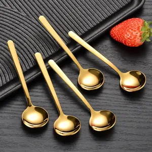 Gold stainless steel mini short round spoons set for dessert coffee and honey stirring.