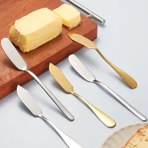 Stainless steel butter knife set, golden and silver cheese spreader, ideal for jam and bread.