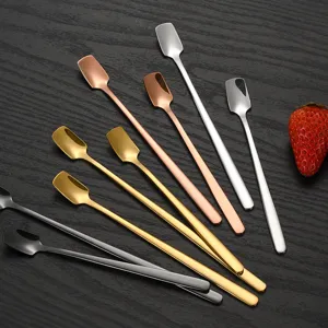Stainless steel long handled square head spoon set, elegant tableware for coffee, dessert and tea.