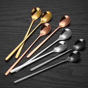 Stainless steel long handle teardrop spoons set in metallic colors for coffee and dessert use.