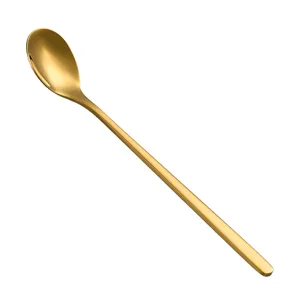 Gold long handle stainless steel spoon for coffee and dessert, elegant main product display.