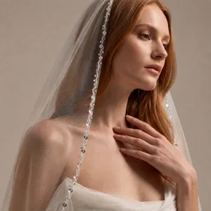 Velo da sposa corto paillettes perline singolo strato matrimonio tulle accessori capelli