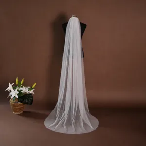Single layer bridal wedding veil, long white tulle sheer veil for church ceremony and photo props.