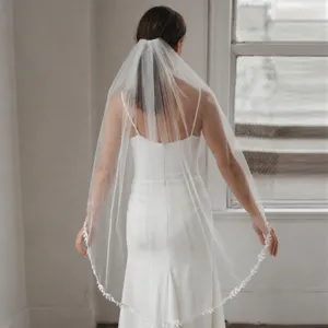 Elegant bridal wedding veil with delicate leaf embroidery floor length sheer tulle accessory