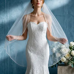 Velo da Sposa Bordo Perlinato Fatto a Mano in Tulle Con Pettine per Donna Fotografia di Matrimonio Festa Accessori Capelli