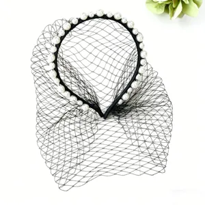Cerchietto perle nere con velo a rete vintage fascinator accessorio capelli festa