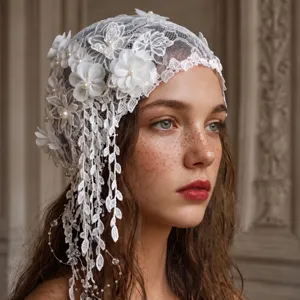 White lace bridal headscarf vintage floral cap wedding veil with beaded tassel fringe.