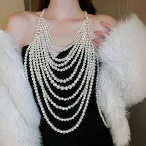 Sexy Meerlaagse Parel Kwast Lichaam Ketting Bruiloft Schouder Ketting Trui Ketting Kunstmatige Parel Hars Mode Sieraden Voor Vrouwen