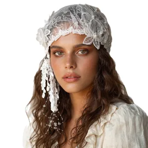 Vintage bridal lace cap veil with 3D floral pearls tassel, elegant wedding headwear.