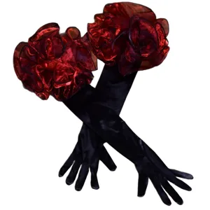 Lunghi guanti in raso nero con bellissimi fiori bordeaux in organza, perfetti per sposa e palco.