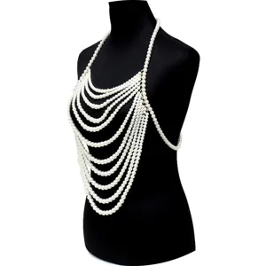 Multi-layer parel lichaam ketting detailweergave, elegante witte kunstparel vest ketting.