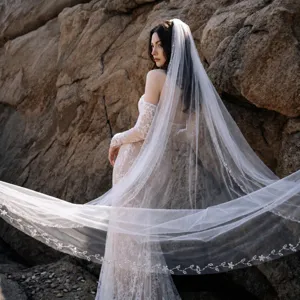 Bridal Wedding Veil Single Layer Chapel Train Lace Beaded Veils with Comb White Ivory Champagne Wedding Accessories