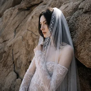 Bridal single-layer cathedral veil with heavy hand-sewn beaded lace edge wedding accessory