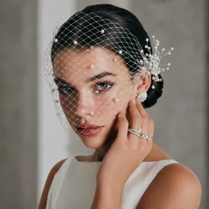 Retro Handmade Beaded Flower Birdcage Veil Short Rhinestone Face-Veil Bridal Updo Hair Headwear Wedding Accessories