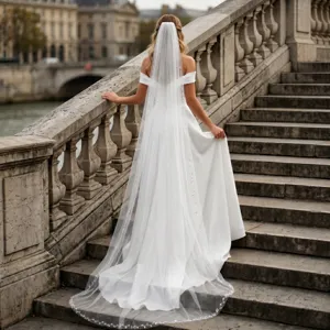 Stunning detail view of a long bridal veil with delicate bead lace edge on classic stone steps.