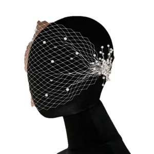 Vintage handmade birdcage veil with pearls rhinestones bridal wedding hair accessory main