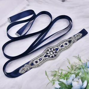 Dunkelblaue Strass Perlen Gürtel Satin Band Brautkleid Brautjungfer Schärpe Accessoire