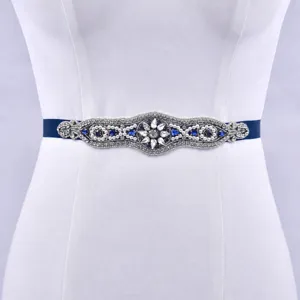 Elegante Strass Perlen Brautgürtel dunkelblau Satinband Hochzeit Kleid Zubehör