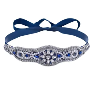 Braut Kristall Strass Taillengürtel mit dunkelblauem Satinband für elegante Abendkleider