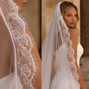 White Bridal Veil Lace Applique Mantilla Wedding Veil With Hair Comb Elegant Long Cathedral Bridal Veil Accessories