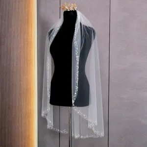 Bridal white wedding veil lace beaded edge cathedral single layer bridal hair accessory