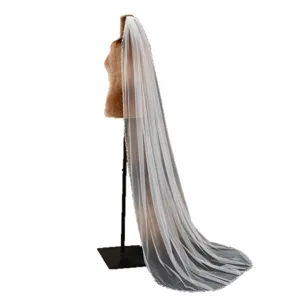 Elegant long cathedral wedding veil with delicate beaded lace edge for bridal accessories