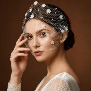 Bridal mesh veil with pearl and floral decor, vintage face veil for wedding party.