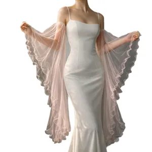 Elegant pink tulle bell sleeves bridal arm cover for wedding dress with wavy edge design